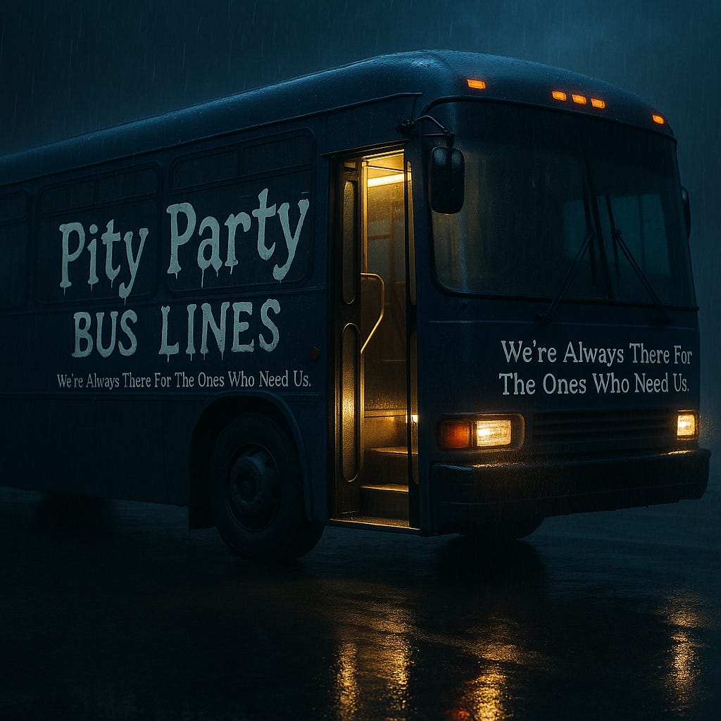 a midnight blue bus with the logo Pity Party Bus Lines: We're Always There For The Ones Who Need Us