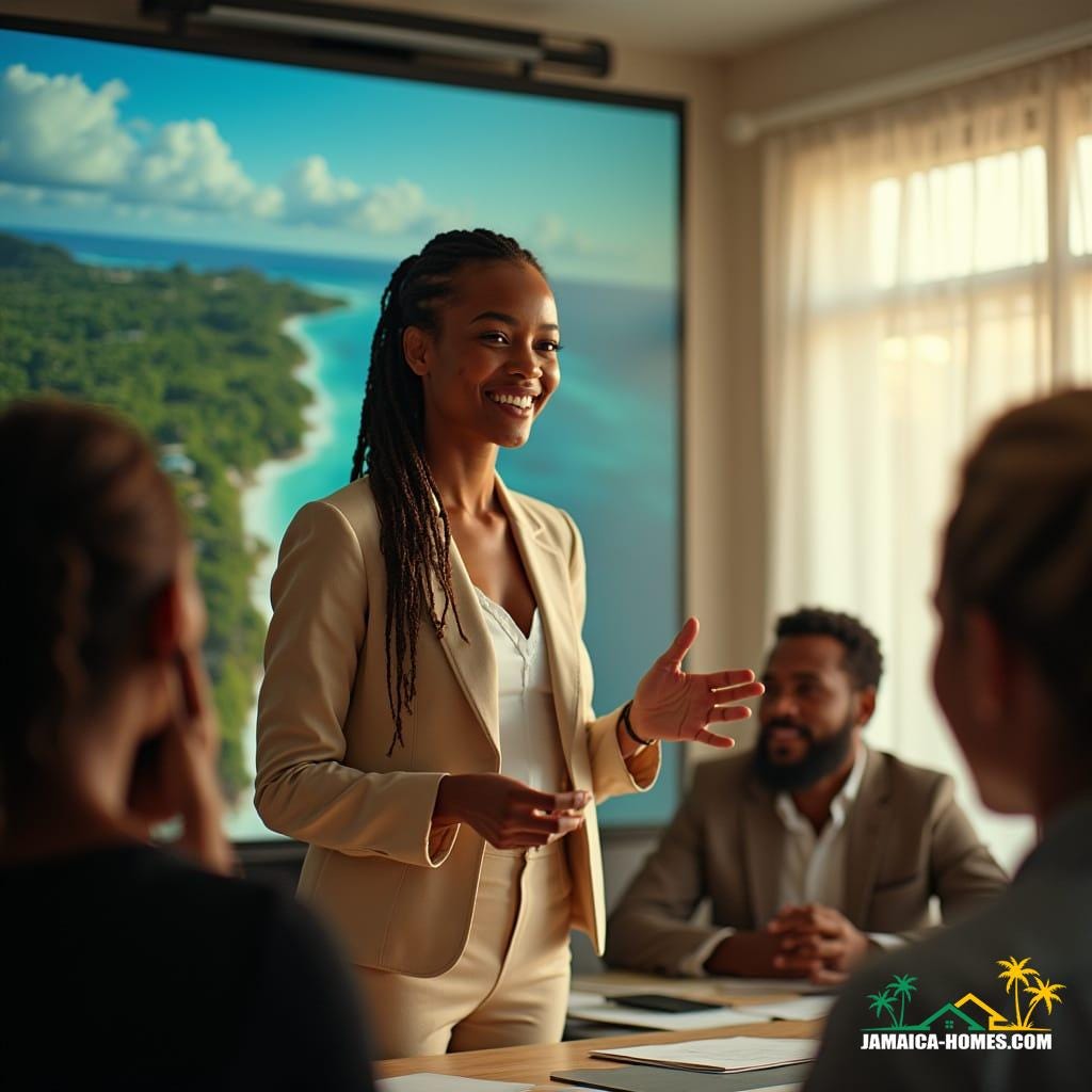 A stunning, cinematic close-up of a mixed-heritage woman, half Chinese and half Black, with dreadlocks, standing confidently in front of a large computer screen displaying a Caribbean real estate landscape, in a bright, airy Jamaican office. She's dressed in a crisp, professional outfit, with a warm, approachable smile, as she engages with her colleagues in a lively discussion on The Rise of Digital Property Transactions in the Caribbean. Her colleagues, a diverse group of professionals, are seated around her, intently listening to her presentation, as she gestures emphatically with her hands. The atmosphere is dynamic, with a sense of excitement and possibility. The image is captured in a cinematic film style, reminiscent of the works of Rachel Morrison and Reed Morano, with a warm, golden color palette, and a subtle film grain, evoking the feeling of a 35mm film still. The lighting is dramatic, with a mix of soft, natural light and cinematic highlights, accentuating the subject's features and the vibrant colors of the Caribbean setting. The overall mood is one of energy, optimism, and professionalism, with a hint of island flair.