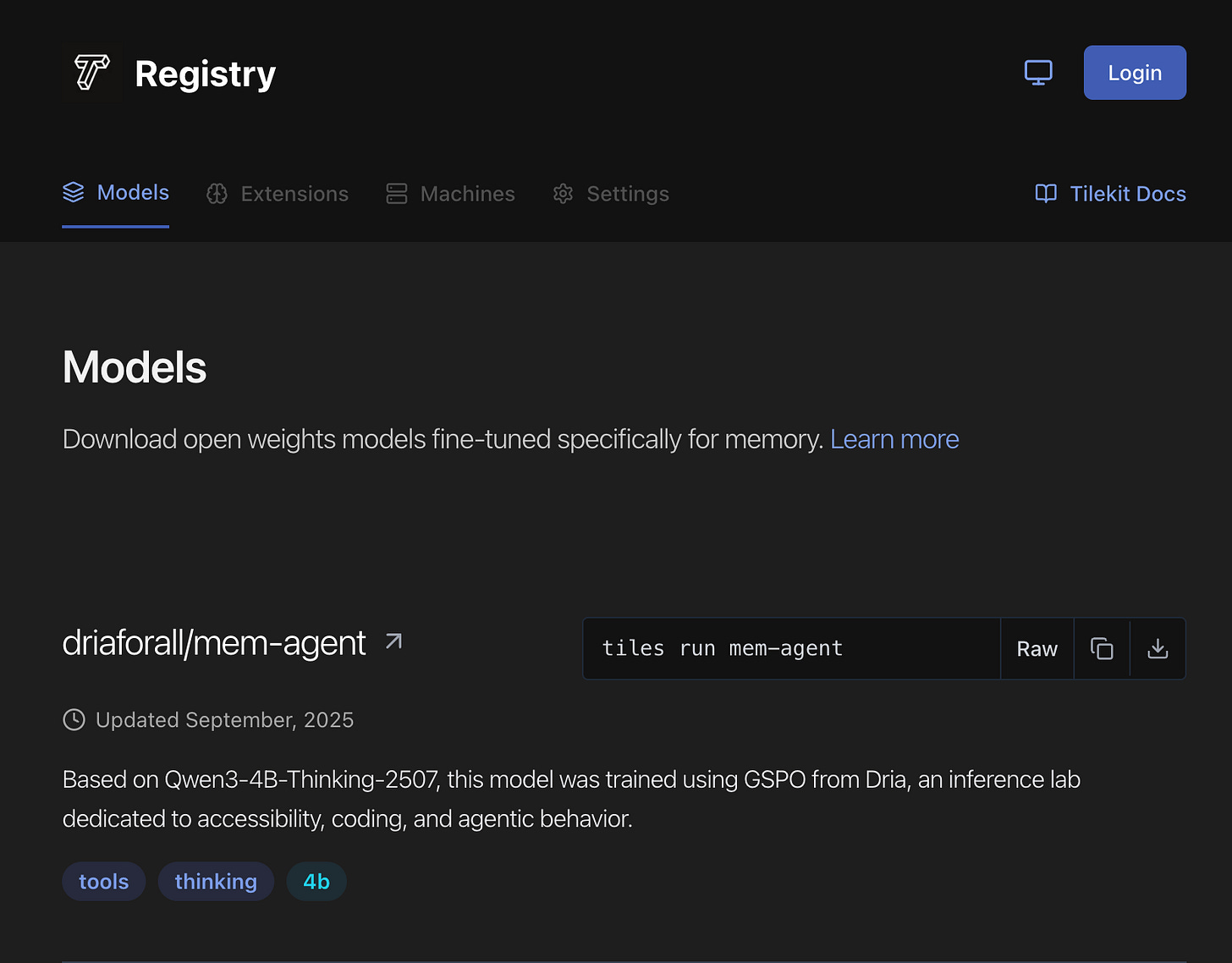Tiles Registry showing memory models and extensions