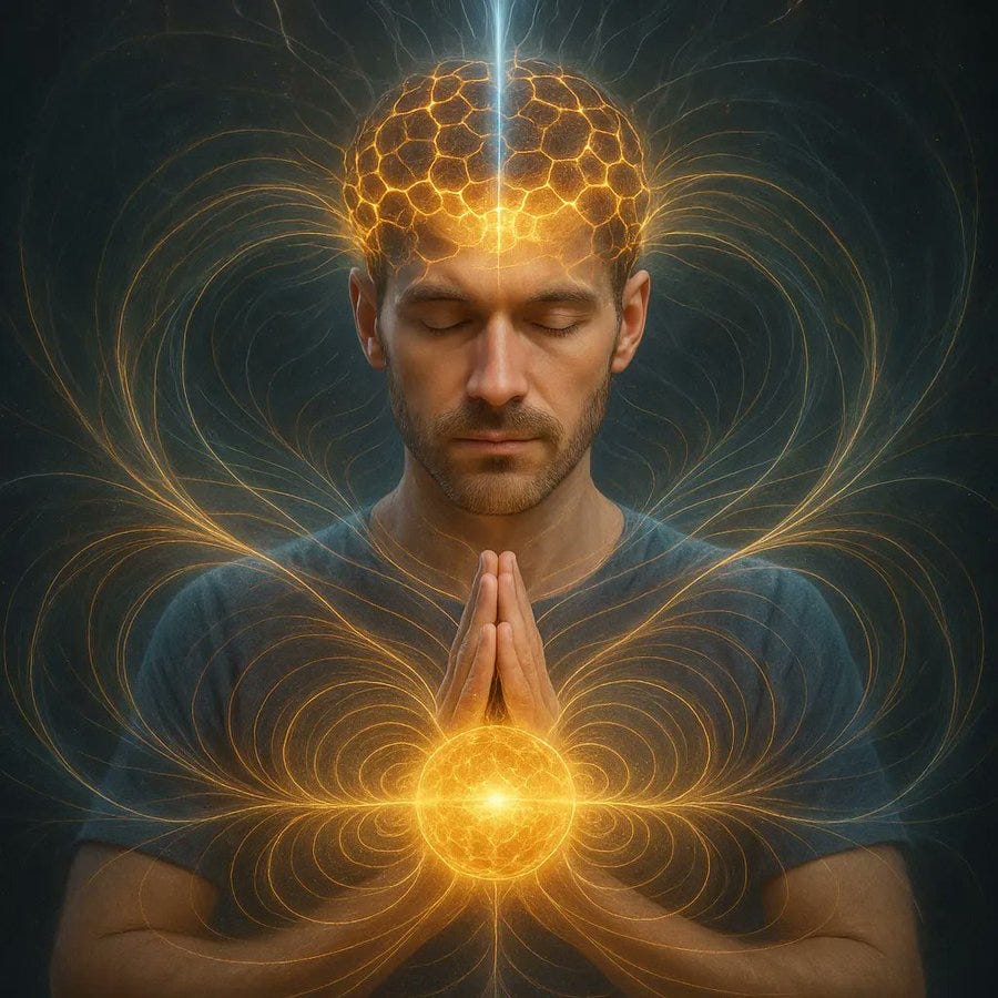 A man with closed eyes and hands pressed together in a prayer position, wearing a blue shirt. Golden, glowing energy fields radiate from his head and heart, forming intricate patterns resembling electromagnetic waves.