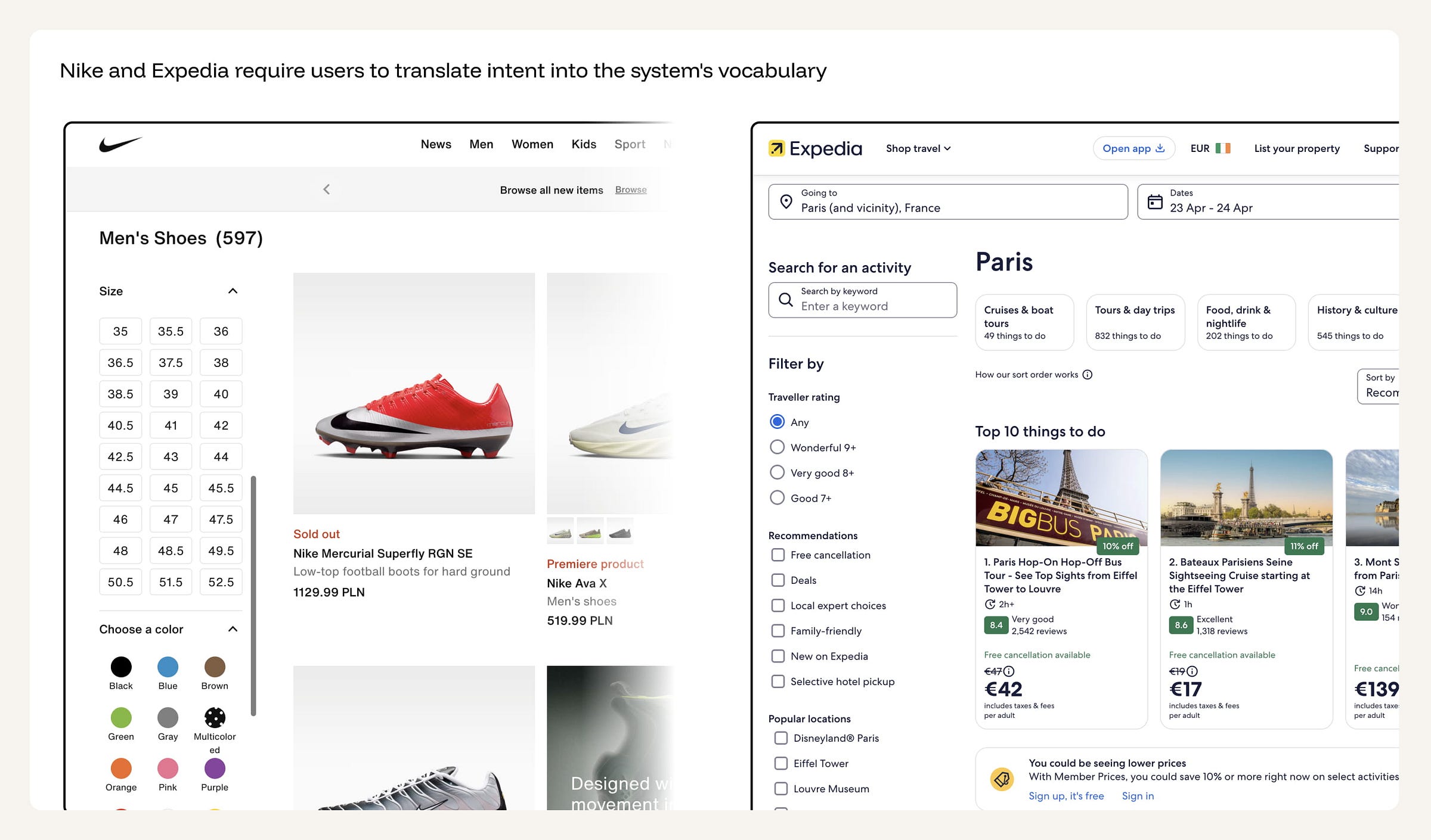 Nike showing 54 size buttons and 10 color swatches for 597 men's shoes. Expedia showing keyword search, traveller rating radio buttons, and location checkboxes for Paris activities. Nike showing 54 size buttons and 10 color swatches for 597 men's shoes. Expedia showing keyword search, traveller rating radio buttons, and location checkboxes for Paris activities.