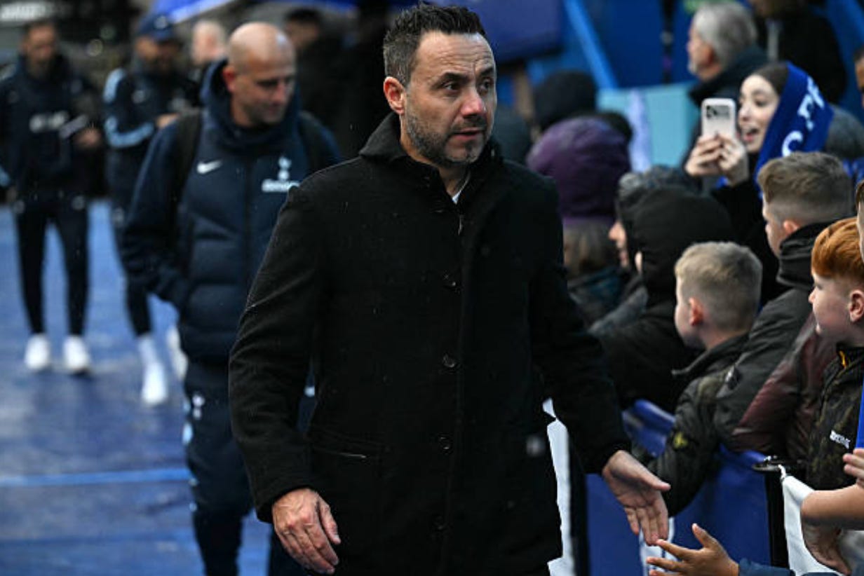 Tottenham Hotspur's Italian head coach Roberto De Zerbi arrives for the English Premier League football match between Chelsea and Tottenham Hotspur at Stamford Bridge in London on October 24, 2026. (Photo by Glyn KIRK / AFP via Getty Images) / RESTRICTED TO EDITORIAL USE. No use with unauthorized audio, video, data, fixture lists, club/league logos or 'live' services. Online in-match use limited to 120 images. An additional 40 images may be used in extra time. No video emulation. Social media in-match use limited to 120 images. An additional 40 images may be used in extra time. No use in betting publications, games or single club/league/player publications. / Tottenham Hotspur's Italian head coach Roberto De Zerbi arrives for the English Premier League football match between Chelsea and Tottenham Hotspur at Stamford Bridge in London on October 24, 2026. (Photo by Glyn KIRK / AFP via Getty Images) / RESTRICTED TO EDITORIAL USE. No use with unauthorized audio, video, data, fixture lists, club/league logos or 'live' services. Online in-match use limited to 120 images. An additional 40 images may be used in extra time. No video emulation. Social media in-match use limited to 120 images. An additional 40 images may be used in extra time. No use in betting publications, games or single club/league/player publications. /