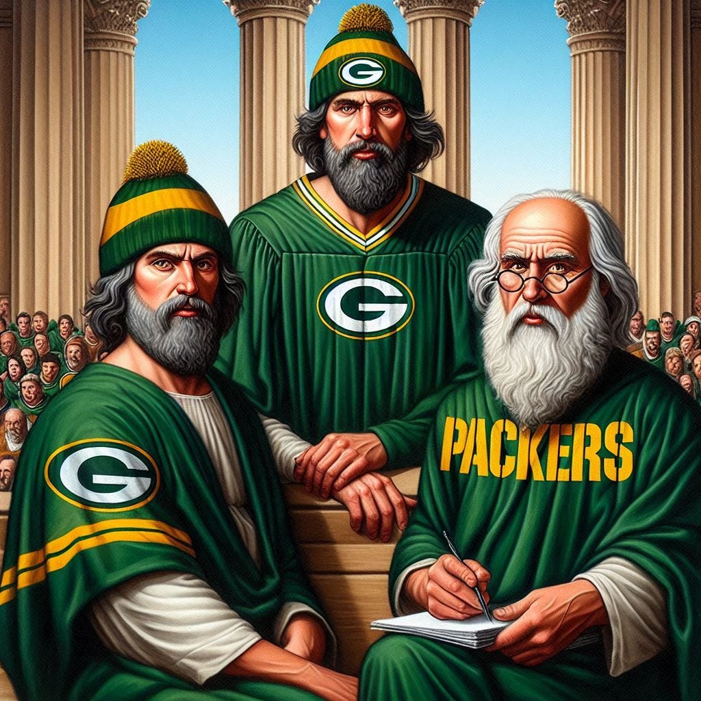 aristotle plato and socrates wearing green bay packers garb