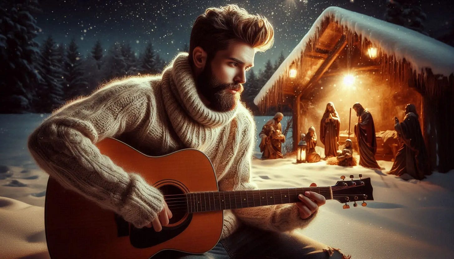 A beautiful image of a handsome bearded white man holding an acoustic guitar standing in the snow, taking in the historical Nativity. Nighttime. Golden glow. Slight impressionist style.
