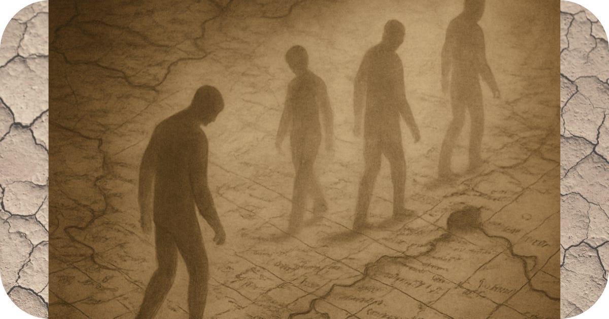 A sepia-toned image shows four translucent, ghostlike figures walking diagonally across a faded antique map. The background is textured like cracked earth. Below the image, a haiku reads: “parchment path unwalked / crumpled bias cracks the sky / Her truth weeps again.” The scene evokes memory, migration, and unseen histories.