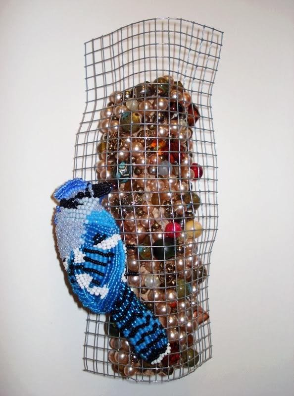 beaded Blue Jay bird feeder fiber art bead embroidery etsy nature wildlife relief thelonebeader beaded Blue Jay bird feeder fiber art bead embroidery etsy nature wildlife relief thelonebeader