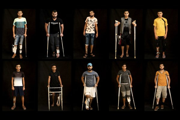 In this combination of 10 photos taken on Sept. 19, 2018, Palestinians shot in the legs during demonstrations at the Gaza strip's border with Israel pose as they await treatment at a Gaza City clinic run by MSF (Doctors Without Borders). Israeli forces deployed along the volatile border have fired live rounds at rock-throwing Palestinian protesters since demonstrations began in March against Israel's long-running blockade of Gaza. Israeli snipers have targeted one part of the body more than any other: the legs. (AP Photo/Felipe Dana)
In this combination of 10 photos taken on Sept. 19, 2018, Palestinians shot in the legs during demonstrations at the Gaza strip's border with Israel pose as they await treatment at a Gaza City clinic run by MSF (Doctors Without Borders). Israeli forces deployed along the volatile border have fired live rounds at rock-throwing Palestinian protesters since demonstrations began in March against Israel's long-running blockade of Gaza. Israeli snipers have targeted one part of the body more than any other: the legs. (AP Photo/Felipe Dana)