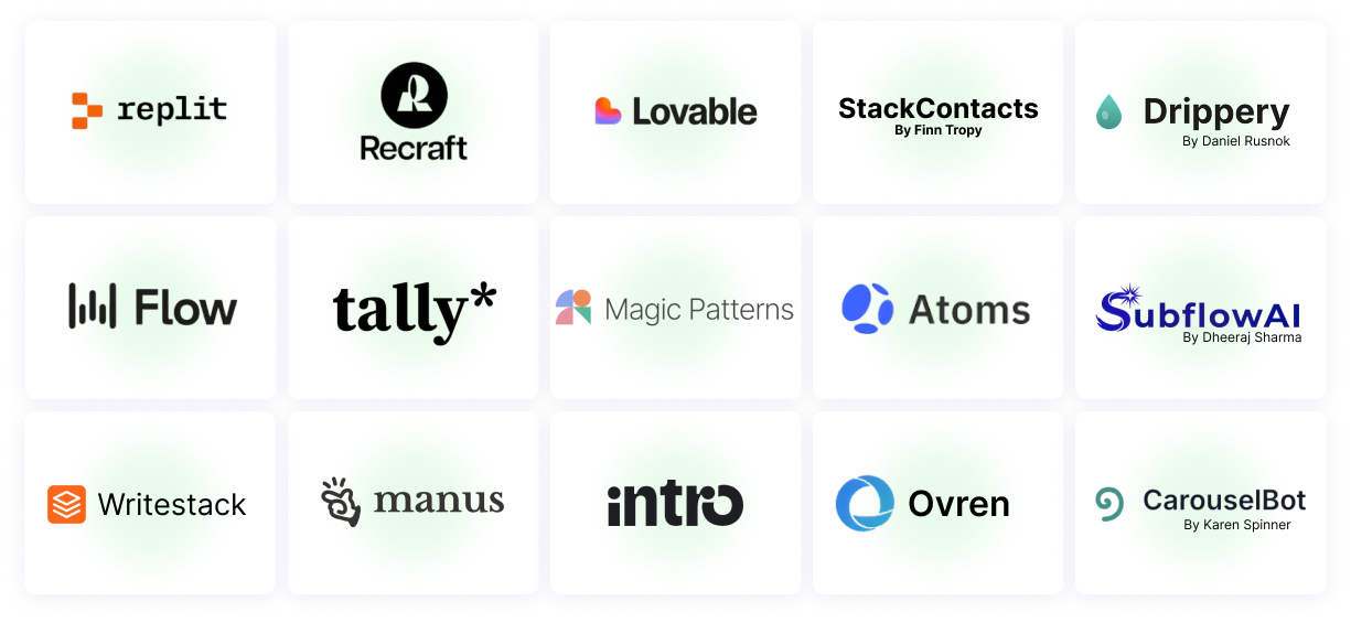 Grid of 15 AI tool logos offering exclusive discounts including Replit, Recraft, Lovable, Manus, Tally, Atoms, Flow, Magic Patterns, and more with a coming-soon slot for future partners. Grid of 15 AI tool logos offering exclusive discounts including Replit, Recraft, Lovable, Manus, Tally, Atoms, Flow, Magic Patterns, and more with a coming-soon slot for future partners.