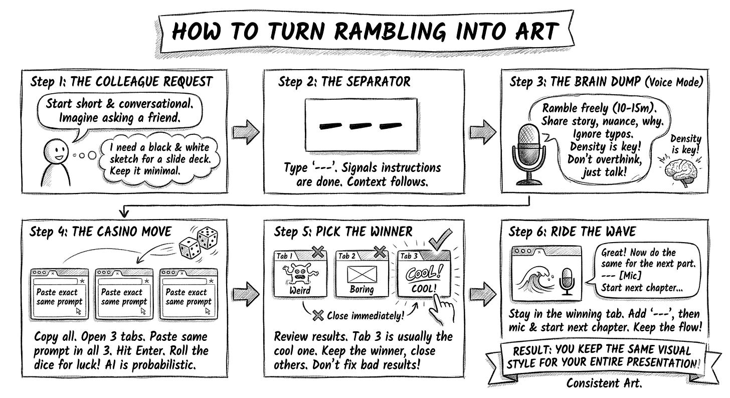 Hand-drawn infographic titled "How to turn rambling into art" showing the 6 steps of the process.