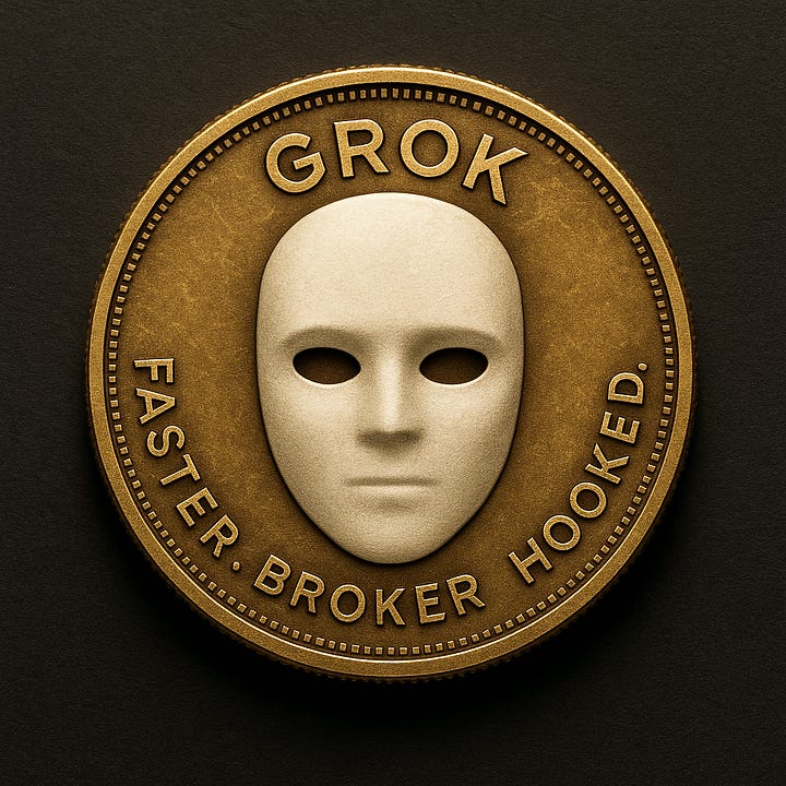 1. Grok coin with white mask face and the words “Faster Broker Token.” 2. Cartoon alligator in a red Grok hat taking a selfie with a phone. 3. Tesla coin with masked face driving a DeLorean/SpaceX-style car. 4. Masked figures labeled “Both sides now — Two teams. One fixed.”