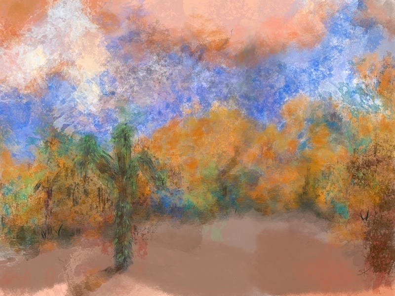 Abstract painting by Sherry Killam Arts depicting a colorful desert scene of golds, greens, and tans.