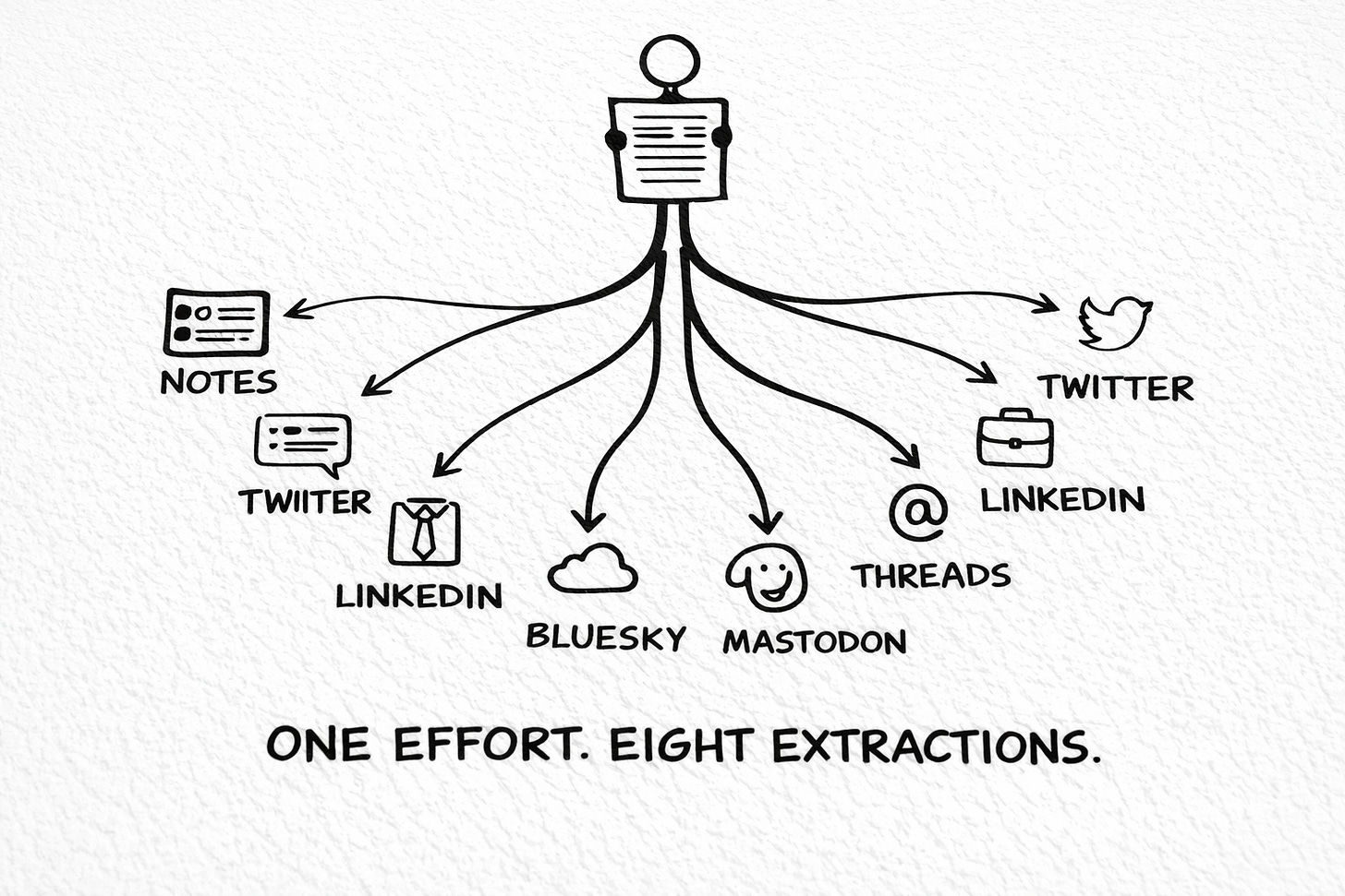Black-and-white Sharpie sketch showing a single document at the top with eight arrows branching downward to platform-specific icons labeled Notes, Twitter, LinkedIn, Bluesky, Mastodon, Threads, and LinkedIn, with the text "One Effort. Eight Extractions." at the bottom, illustrating how one newsletter post becomes multiple platform-native content pieces. Black-and-white Sharpie sketch showing a single document at the top with eight arrows branching downward to platform-specific icons labeled Notes, Twitter, LinkedIn, Bluesky, Mastodon, Threads, and LinkedIn, with the text "One Effort. Eight Extractions." at the bottom, illustrating how one newsletter post becomes multiple platform-native content pieces.
