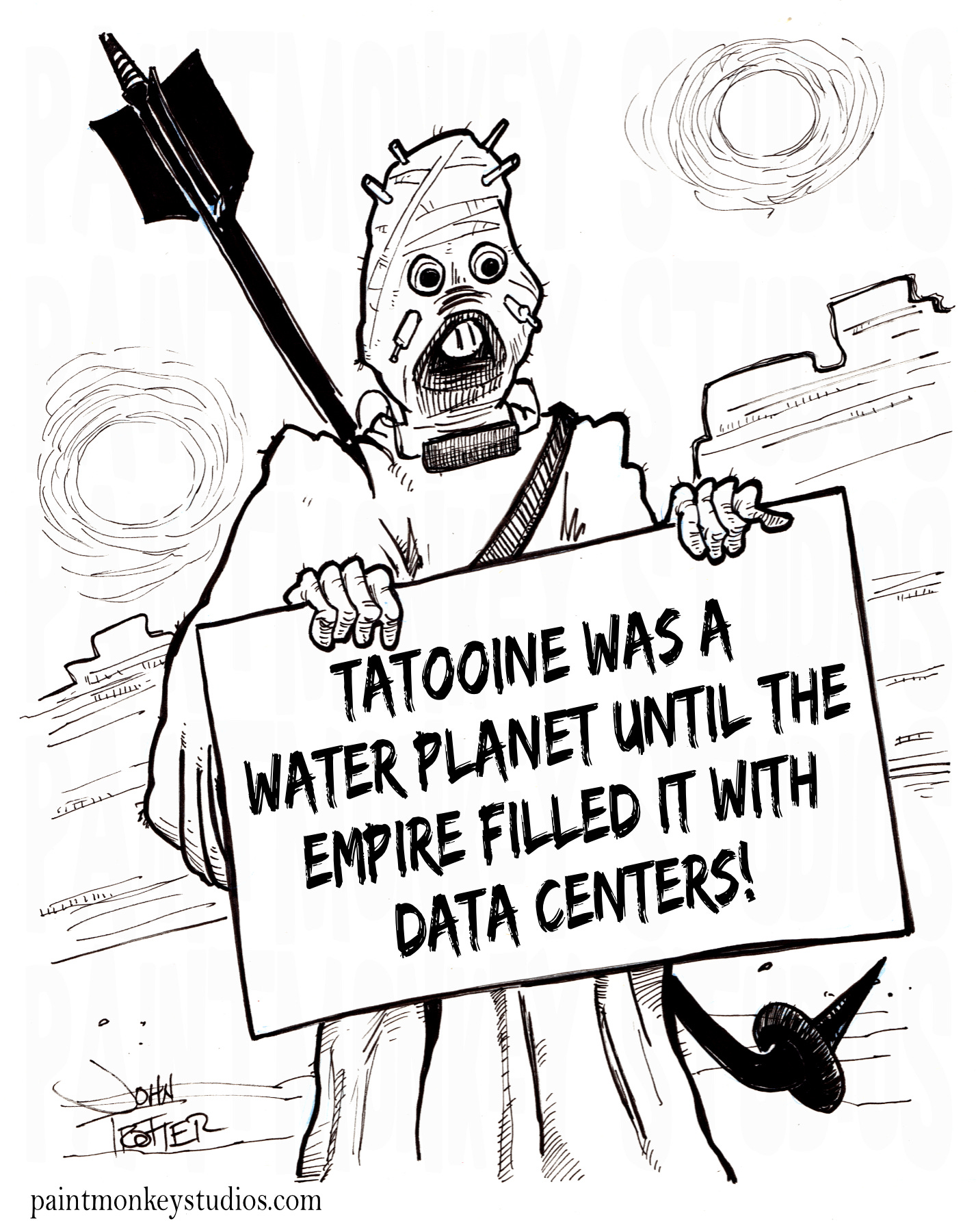 Ink cartoon of a Tusken Raider holding a sign decrying data centers. Ink cartoon of a Tusken Raider holding a sign decrying data centers.