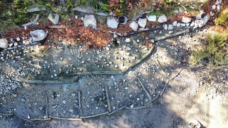 Drone image of the erodible bluff (top) being stabilized by tiers of logs pinned to the ground, back-filled with soil, and planted with salt tolerant grasses among erosion-slowing rocks, for a 'living shorelines' project on the Blue Hill Peninsula in Maine. Image by Erik Hoffner for Mongabay. Drone image of the erodible bluff (top) being stabilized by tiers of logs pinned to the ground, back-filled with soil, and planted with salt tolerant grasses among erosion-slowing rocks, for a 'living shorelines' project on the Blue Hill Peninsula in Maine. Image by Erik Hoffner for Mongabay.