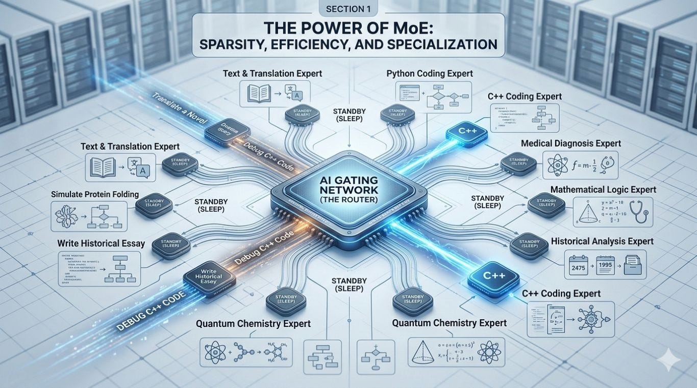 A technical diagram titled "The Power of MoE: Sparsity, Efficiency, and Specialization." In the center, an AI Gating Network chip acts as a router, directing a glowing stream of data specifically to active "C++ Coding" and "Quantum Chemistry" expert modules. Surrounding modules, such as "Text & Translation" and "Medical Diagnosis," are dimmed and labeled "Standby (Sleep)," illustrating how Mixture of Experts architecture saves compute power through sparse activation.