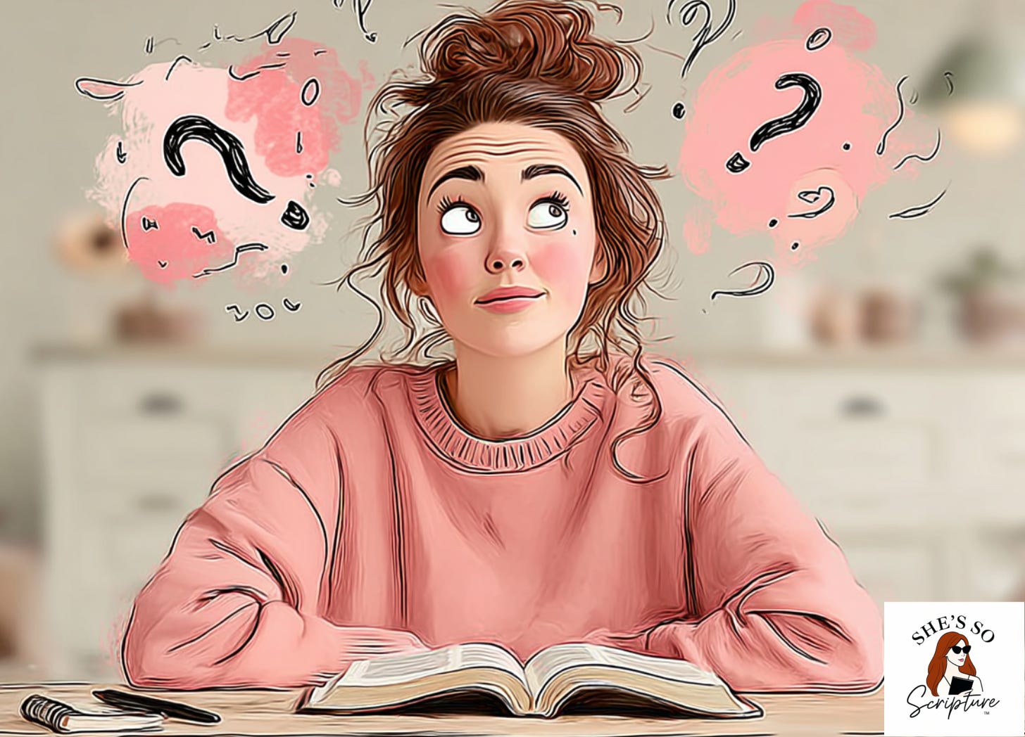 Woman sitting at a table with an open Bible and journal, surrounded by subtle question marks, representing thoughtful Bible study and asking deeper questions while sitting with Scripture.