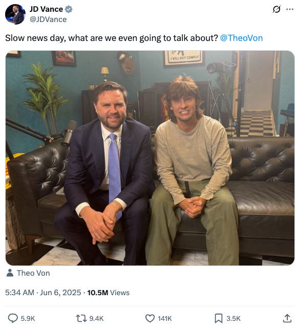 Tweet from Vance:

"Slow news day, what are we even going to talk about"
