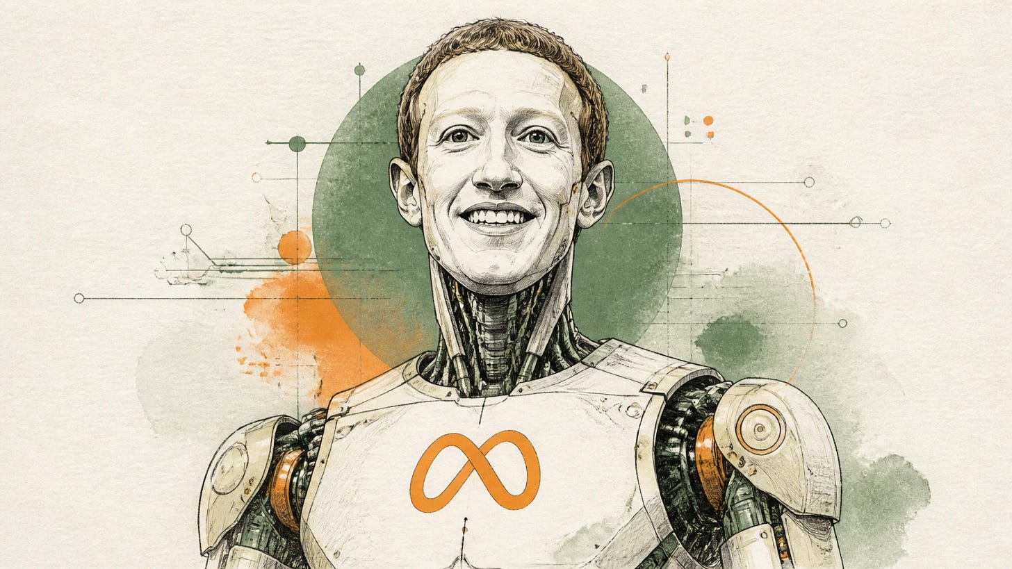 Editorial cartoon of a robotic Mark Zuckerberg with the Meta logo on its chest.