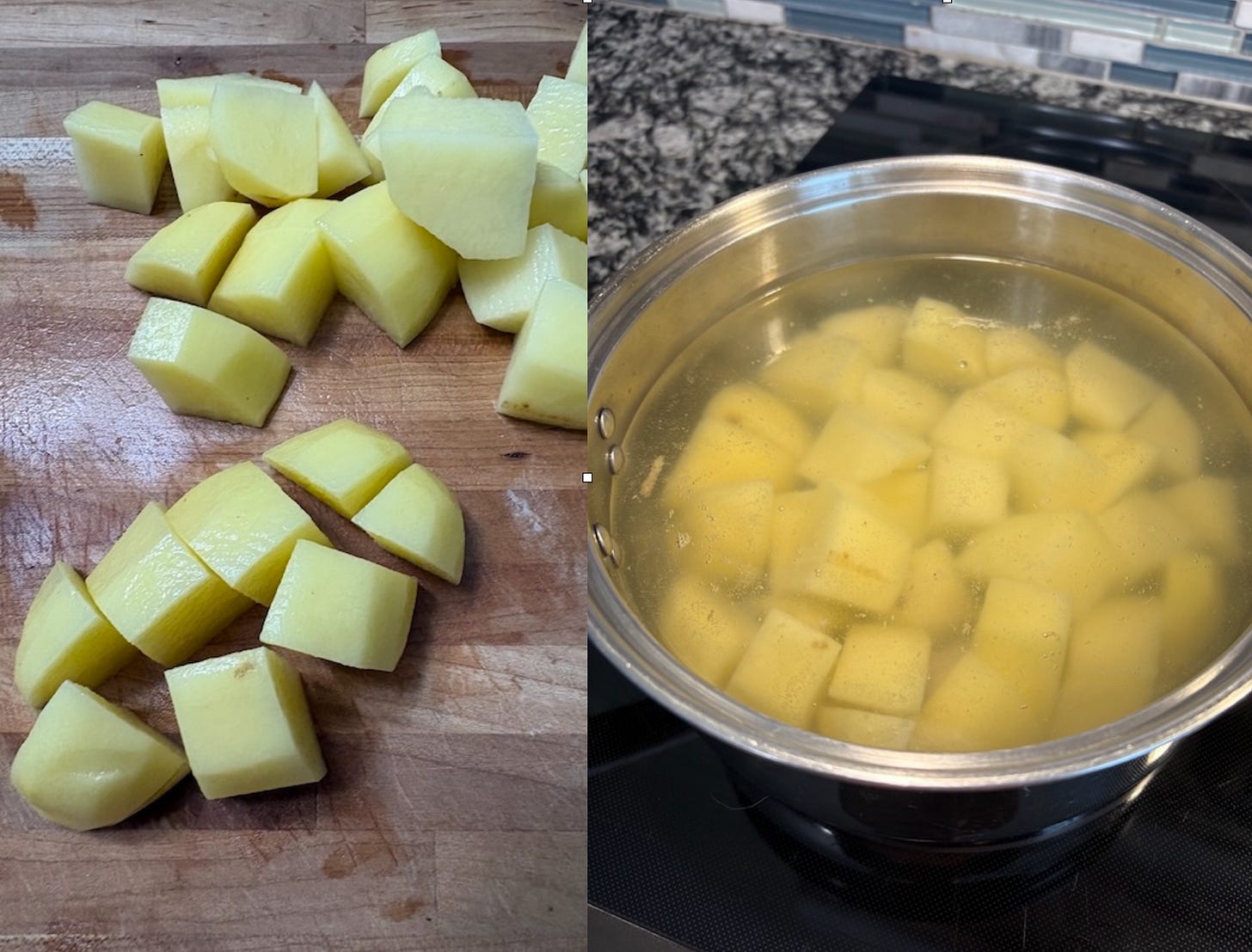 Cubed raw potatoes on a wooden cutting board next to a pot of potatoes boiling in water Cubed raw potatoes on a wooden cutting board next to a pot of potatoes boiling in water