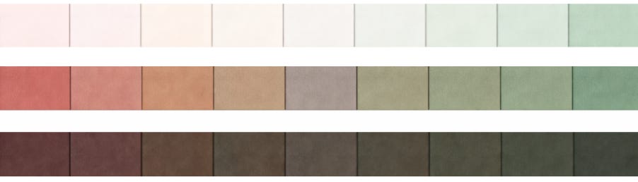 Complementary colour mixing exercise with three horizontal colour strips showing a transition from red to green, with lighter tints above and darker shades below. Complementary colour mixing exercise with three horizontal colour strips showing a transition from red to green, with lighter tints above and darker shades below.