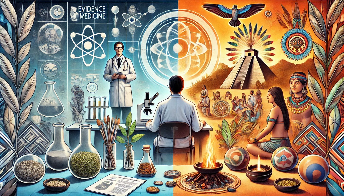A thoughtful and professional image depicting the intersection of modern medical science and ancient healing practices, with an emphasis on psychedelics. On the left, show a scientist or doctor in a laboratory, with medical tools and research papers, symbolizing evidence-based medicine. On the right, depict a South or Latin American ceremonial setting, where a group of people are engaged in a ritual, surrounded by ceremonial objects like herbs, a sacred fire, and ritualistic shamanic musical instruments for Ayahuasca, without focusing on individual humans and without any feathers. The image should merge these two worlds, showing the balance between modern and ancient wisdom in the context of psychedelic medicine. The image should be in a 16:9 aspect ratio.