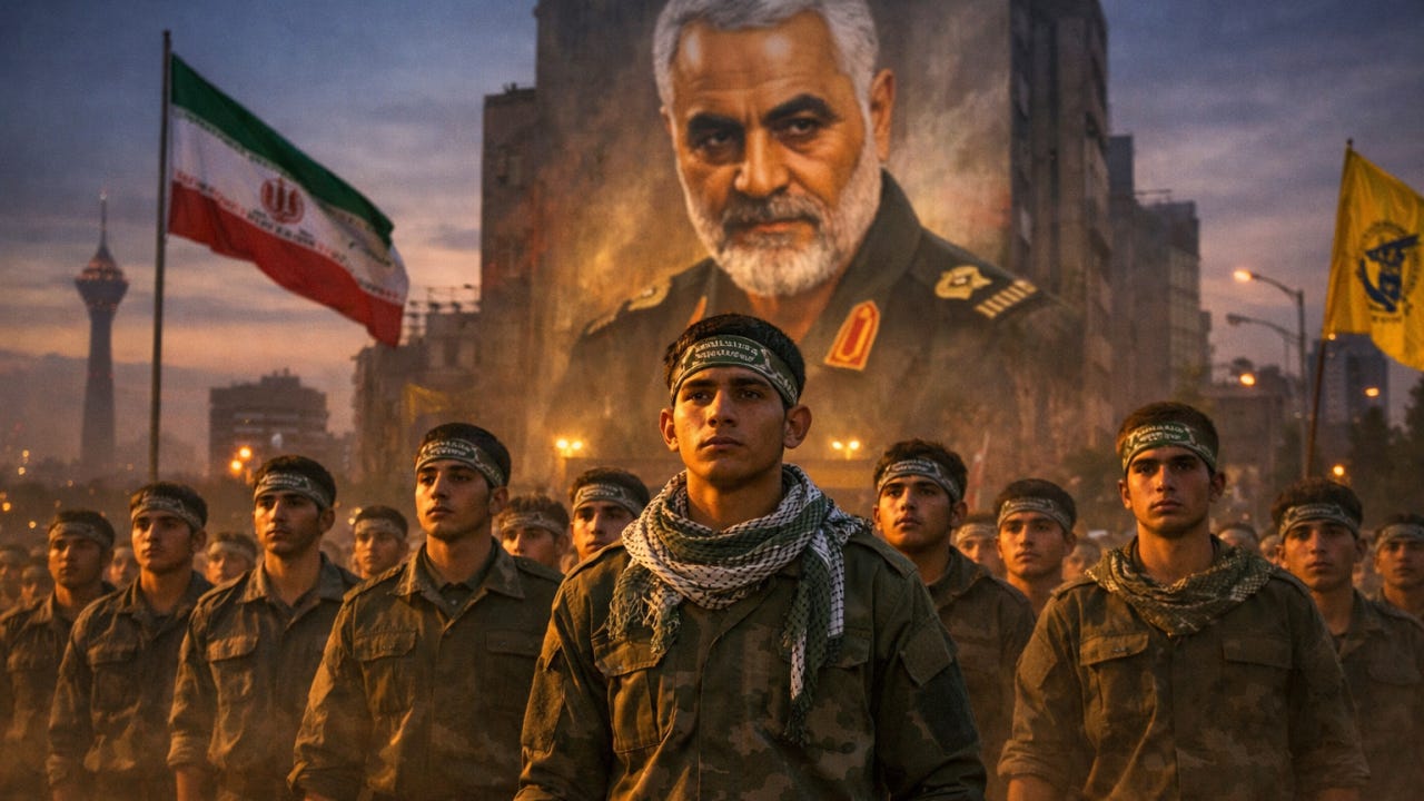 Basij recruits standing beneath a mural of Qasem Soleimani in Tehran.
