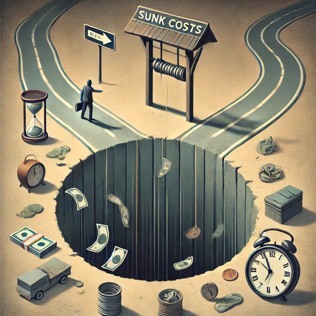 An abstract and symbolic illustration representing the sunk cost fallacy. The scene shows a person standing at the edge of a deep well, throwing money and time-related objects (like a clock or calendar) into it. The well is labeled 'Sunk Costs,' and at the bottom, objects pile up uselessly. The background features a fork in the road, with one path leading toward a brighter, clear future and the other spiraling downward toward the well. The overall style is minimalist and thought-provoking, using muted colors to emphasize the wasted resources.