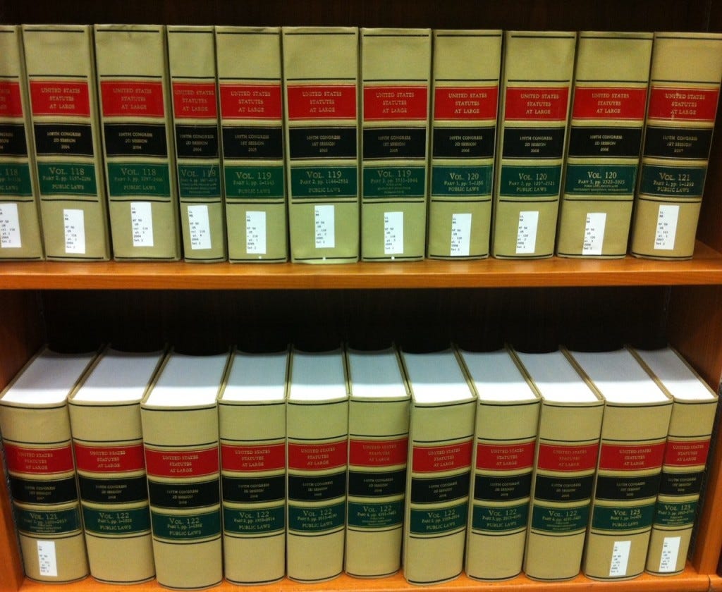 Two of the shelves holding volumes of the U.S. Statutes at Large in the Law Library of Congress reading room.