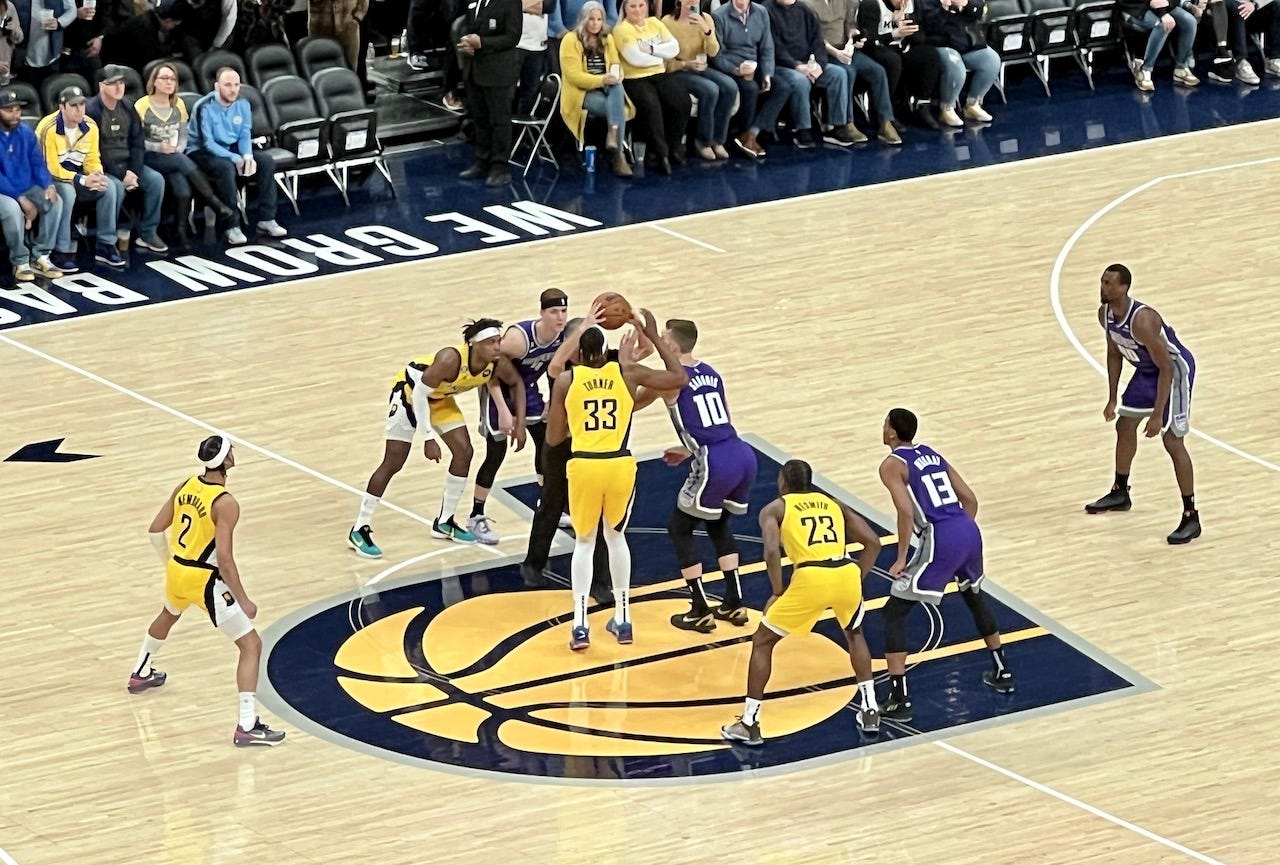 Former teammates Myles Turner and Domantas Sabonis ready for the tip-off between the Pacers and Kings. Former teammates Myles Turner and Domantas Sabonis ready for the tip-off between the Pacers and Kings.