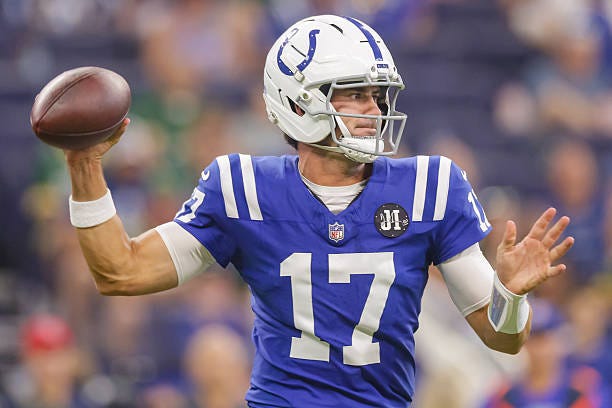 Daniel Jones of the Indianapolis Colts throws the ball during the NFL Preseason 2025 game between Green Bay Packers and Indianapolis Colts at Lucas... Daniel Jones of the Indianapolis Colts throws the ball during the NFL Preseason 2025 game between Green Bay Packers and Indianapolis Colts at Lucas...