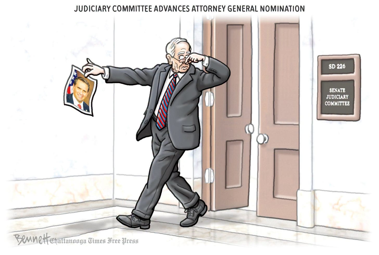 May be an illustration of text that says 'JUDICIARY COMMITTEE ADVANCES ATTORNEY GENERAL NOMINATION SD SD226 226 SENATE JUDICIARY COMИnTEE Bennett Bennettehaffanoaga Chaffanonga Times Free Wress'
