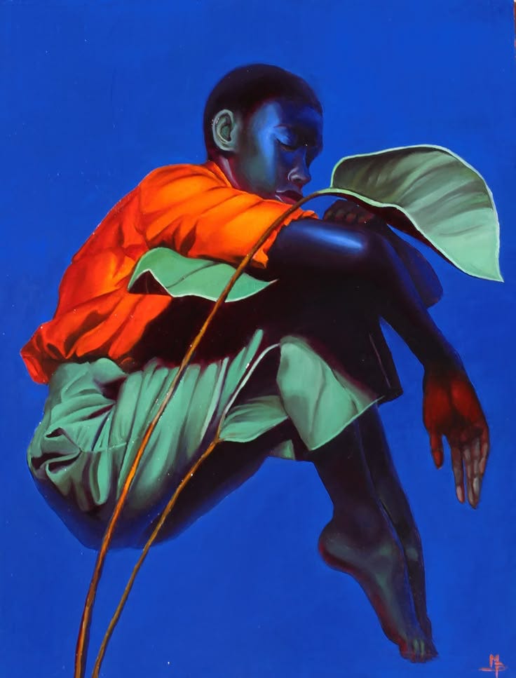 Illustration of a black boy in green pants and a bright orange shirt, siting, impossibly in the leaves of a fragile palm plant. The background of the illustration is a striking cobalt blue. Illustration of a black boy in green pants and a bright orange shirt, siting, impossibly in the leaves of a fragile palm plant. The background of the illustration is a striking cobalt blue.