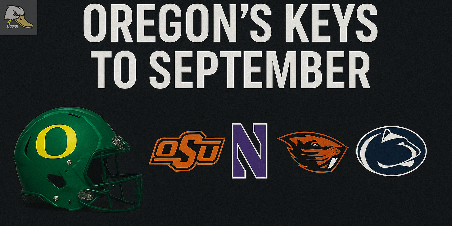 Oregon Ducks football helmet beside Oklahoma State, Northwestern, Oregon State, and Penn State logos under the headline “Oregon’s Keys to September.” Deals on seats, fan gear, and premium content subscriptions from www.Ducks4.Life