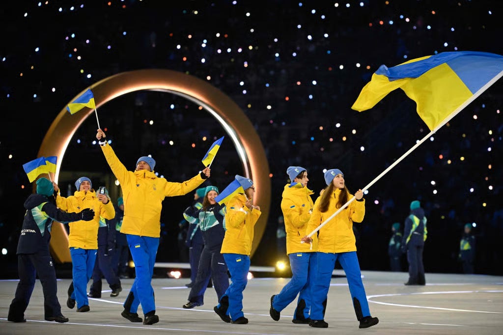 Ukraine’s athletes parade during the opening ceremony of the Milano Cortina 2026 Winter Olympic Games on Friday. Photo: AFP Ukraine’s athletes parade during the opening ceremony of the Milano Cortina 2026 Winter Olympic Games on Friday. Photo: AFP