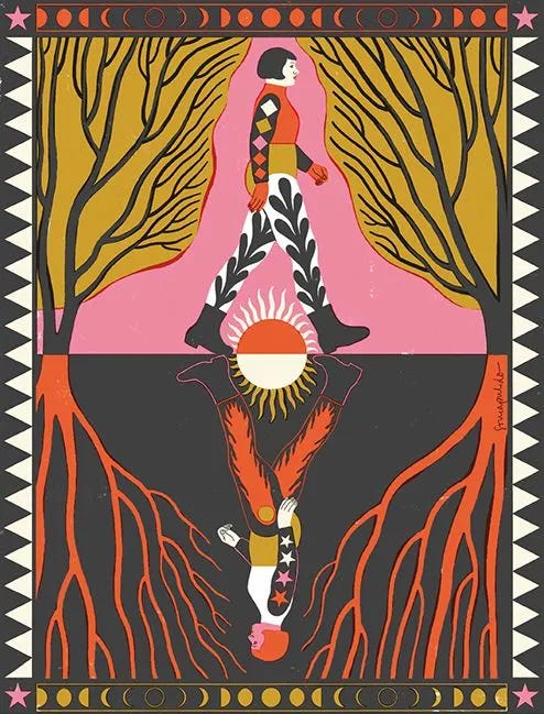 Stylized illustration of a person walking through a forest path, mirrored vertically like a reflection. Above ground, the figure walks among golden trees under a pink sky; below ground, the inverted figure appears among red roots and dark earth, with a sun-like circle at the center dividing the two worlds.
