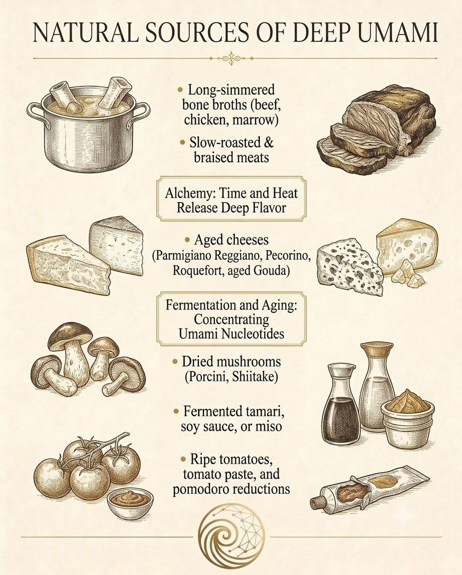 Engraved infographic showing umami sources including bone broth, braised meat, aged cheeses, mushrooms, tamari, and tomatoes. Engraved infographic showing umami sources including bone broth, braised meat, aged cheeses, mushrooms, tamari, and tomatoes.