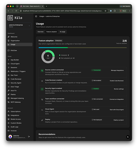 Feature adoption in the usage tab