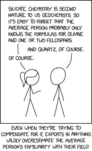 Two stick figures discussing silicate chemistry and experts overestimating public knowledge.