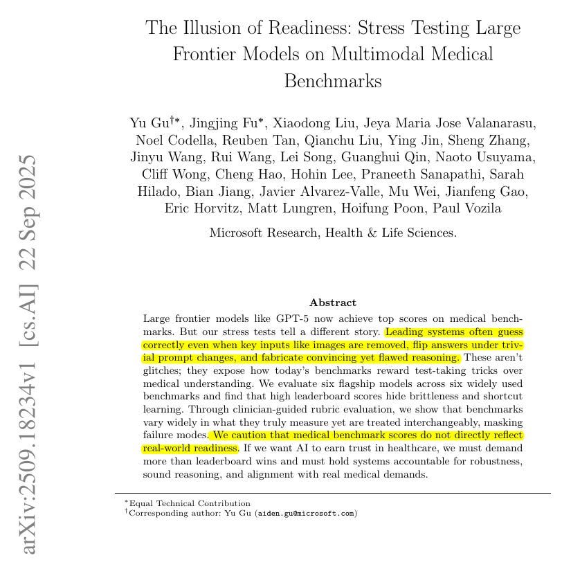 A document page with text titled "The Illusion of Readiness: Stress Testing Large Frontier Models on Multimodal Medical Benchmarks." Authors include Yu Gu, Jinning Fu, Xiangong Liu, Jeya Maria Jose Vallanarasu, Noel Codella, Reuben Tan, Qianchu Liu, Ying Jin, Shenghua Zhong, Jinyu Wang, Rui Wang, Lei Song, Guanghui Qin, Naoto Usuyama, Cliff Wong, Cheng Hao, Hohin Lee, Pranav Rajpurkar, Sarah Hyland, Brian Jang, Javier Alvarez-Valle, Mu Wei, Jianfeng Gao, Eric Horvitz, Matt Lungren, Hoifung Poon, Paul Viola. Microsoft Research, Health & Life Sciences logo visible. Date September 22, 2025.
