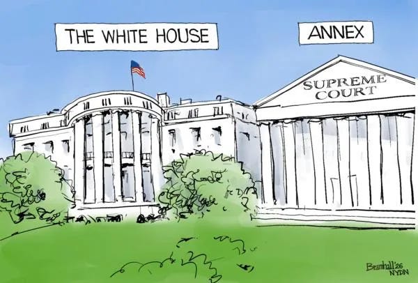 Bill Bramhall cartoon showing the White House physically connected to the Supreme Court, whose building is labelled “ANNEX,” implying the Court has become an extension of presidential power. Bill Bramhall cartoon showing the White House physically connected to the Supreme Court, whose building is labelled “ANNEX,” implying the Court has become an extension of presidential power.