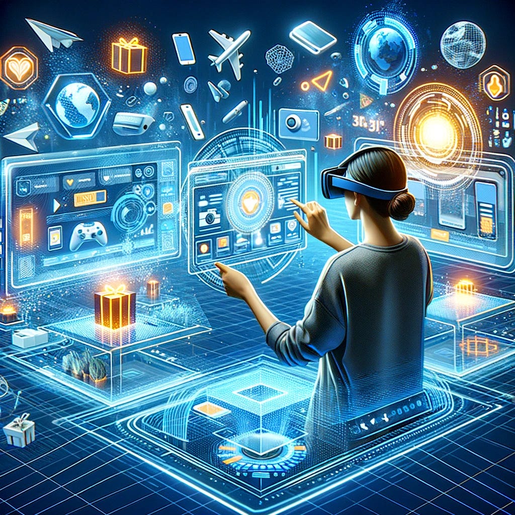 Visualize a cutting-edge e-commerce experience in the realm of Spatial Computing, where a user is surrounded by dynamic and interactive holograms depicting an online shopping scenario. The user, wearing advanced augmented reality glasses, is engaging with floating 3D product displays and interactive shopping interfaces. These holographic displays include various products such as clothing, electronics, and home goods, allowing the user to browse, select, and purchase items in an immersive virtual environment. The color palette emphasizes orange, blue, and white, enhancing the futuristic and digital ambiance of the shopping experience. This scene represents the convergence of digital shopping and immersive technology, offering a glimpse into the future of e-commerce with an emphasis on user interaction and visual appeal.