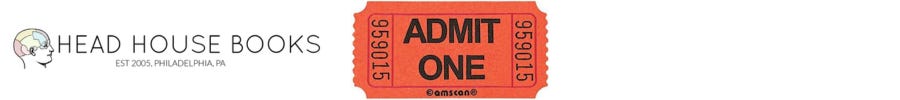Logo of Head House Books and an orange Admit One event ticket graphic.