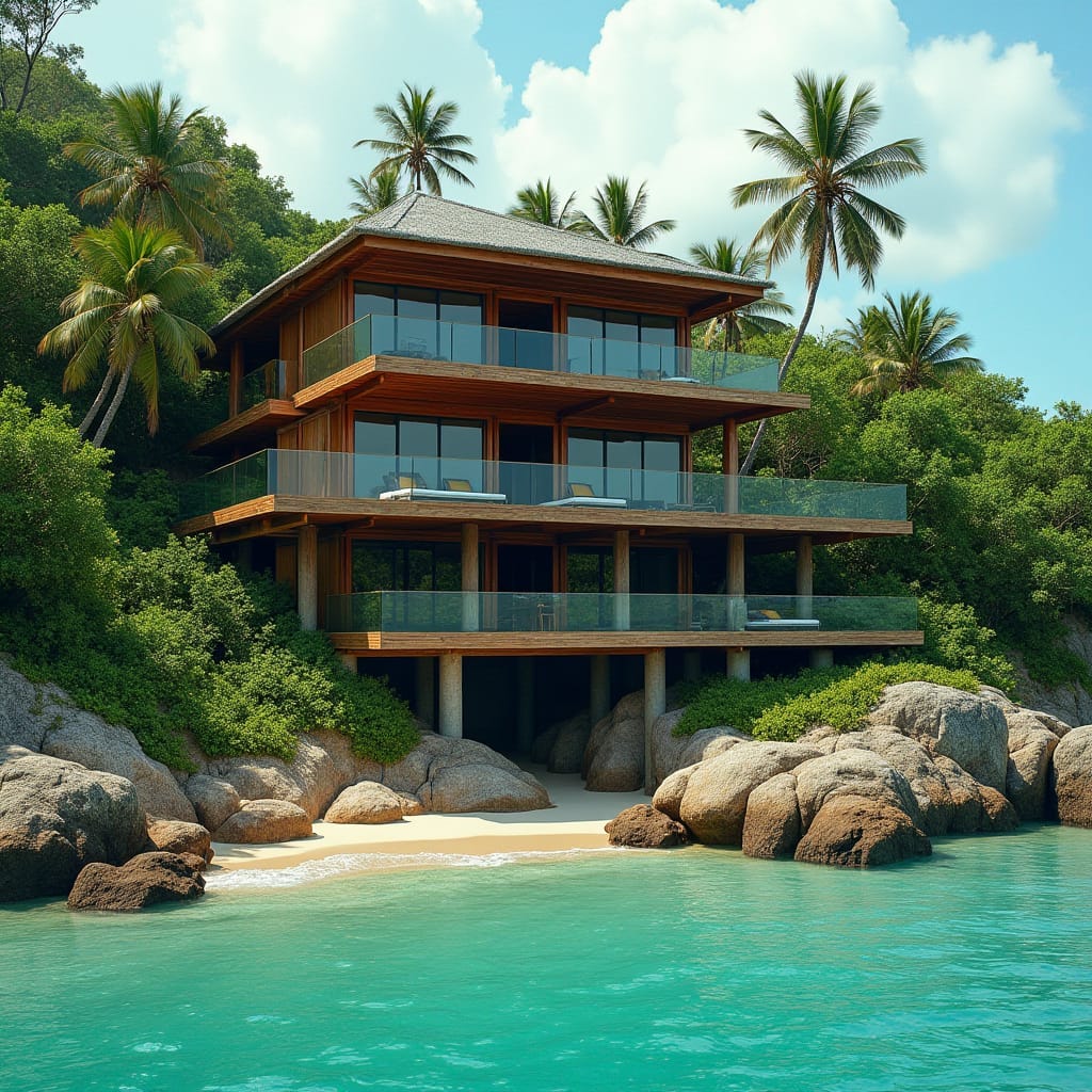 A luxurious, 3-story, 10-bedroom Jamaican timber home, with large windows, elevated platforms, and glass pools cantilevered over the turquoise Caribbean Sea, set on the picturesque 7 Mile Beach in Negril Town, Jamaica. Weathered wooden accents, lush tropical foliage, and rugged rock formations surround the modern, elegant structure.