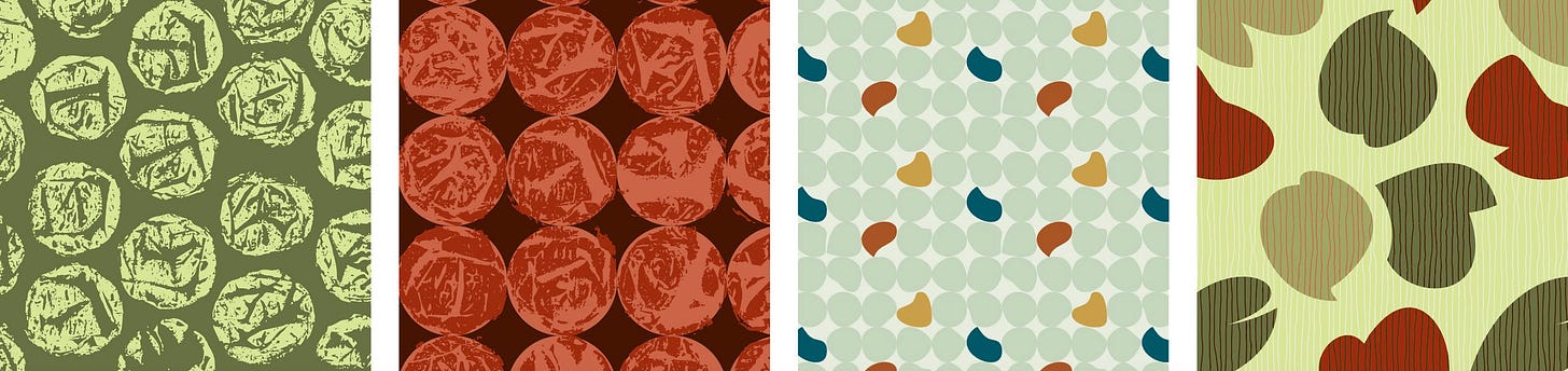 Four repeating patterns with circular and organic shapes in green, red, and cream tones.