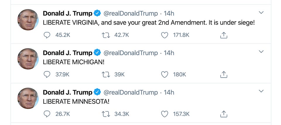 Coronavirus: Donald Trump calls for residents to be 'liberated'