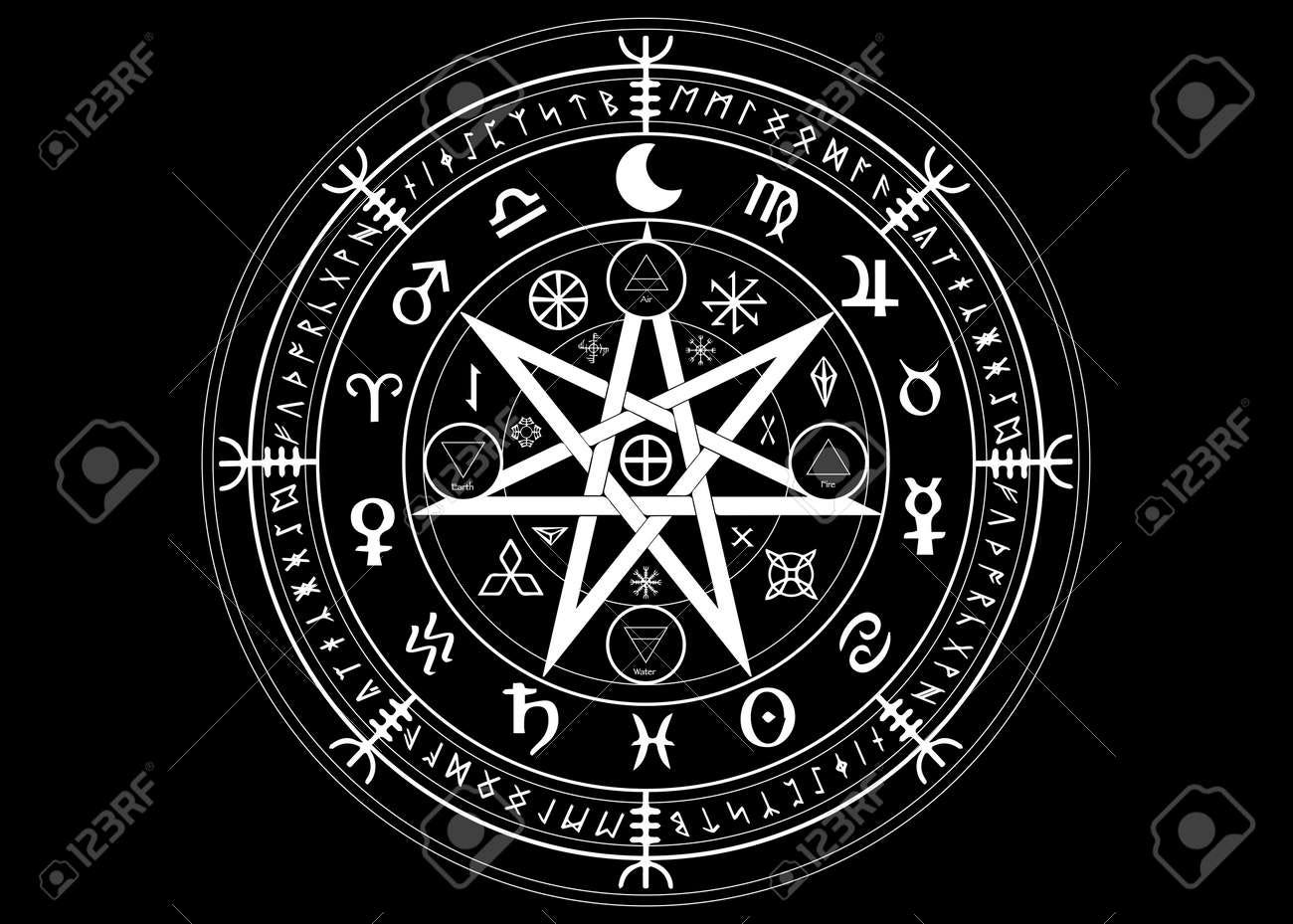 Wiccan symbol of protection. Set of Mandala Witches runes, Mystic Wicca divination. Ancient occult symbols, Earth Zodiac Wheel of the Year Wicca Astrological signs, vector isolated or black background - 119887015
