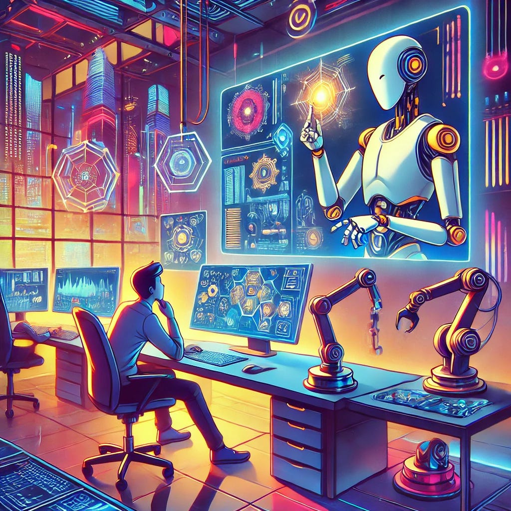 A captivating Japanese cartoon-style illustration depicting a futuristic tech workspace. The scene includes sleek computer screens glowing with complex data, robotic hands assembling components, and a human character thoughtfully interacting with a digital assistant. Vibrant colors and dynamic lighting emphasize innovation and collaboration in a high-tech environment. The setting blends modern and futuristic elements, highlighting progress in artificial intelligence and technology.