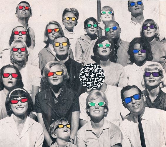 This may contain: a group of people with red and blue glasses