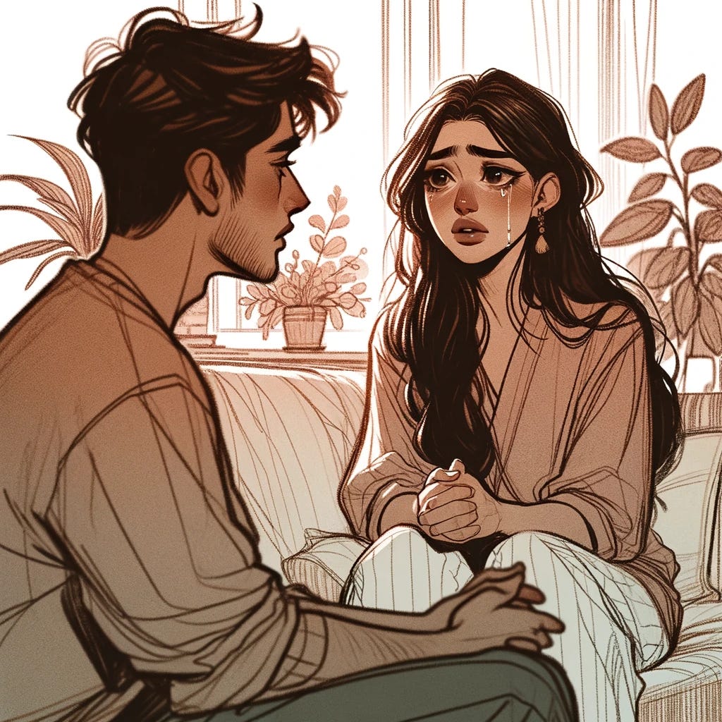 An illustration in a flowy, sketch-like art style with soft lines and muted colors, similar to the provided reference. It depicts a conversation between two characters, Meera and Vaibhav, with no strong ethnic features to maintain ambiguity. Meera appears emotionally open and vulnerable, possibly with a tear on her cheek, while Vaibhav is attentively listening. The setting is casual and warm, with houseplants and a cozy sofa, evoking a safe, intimate atmosphere for sharing feelings.