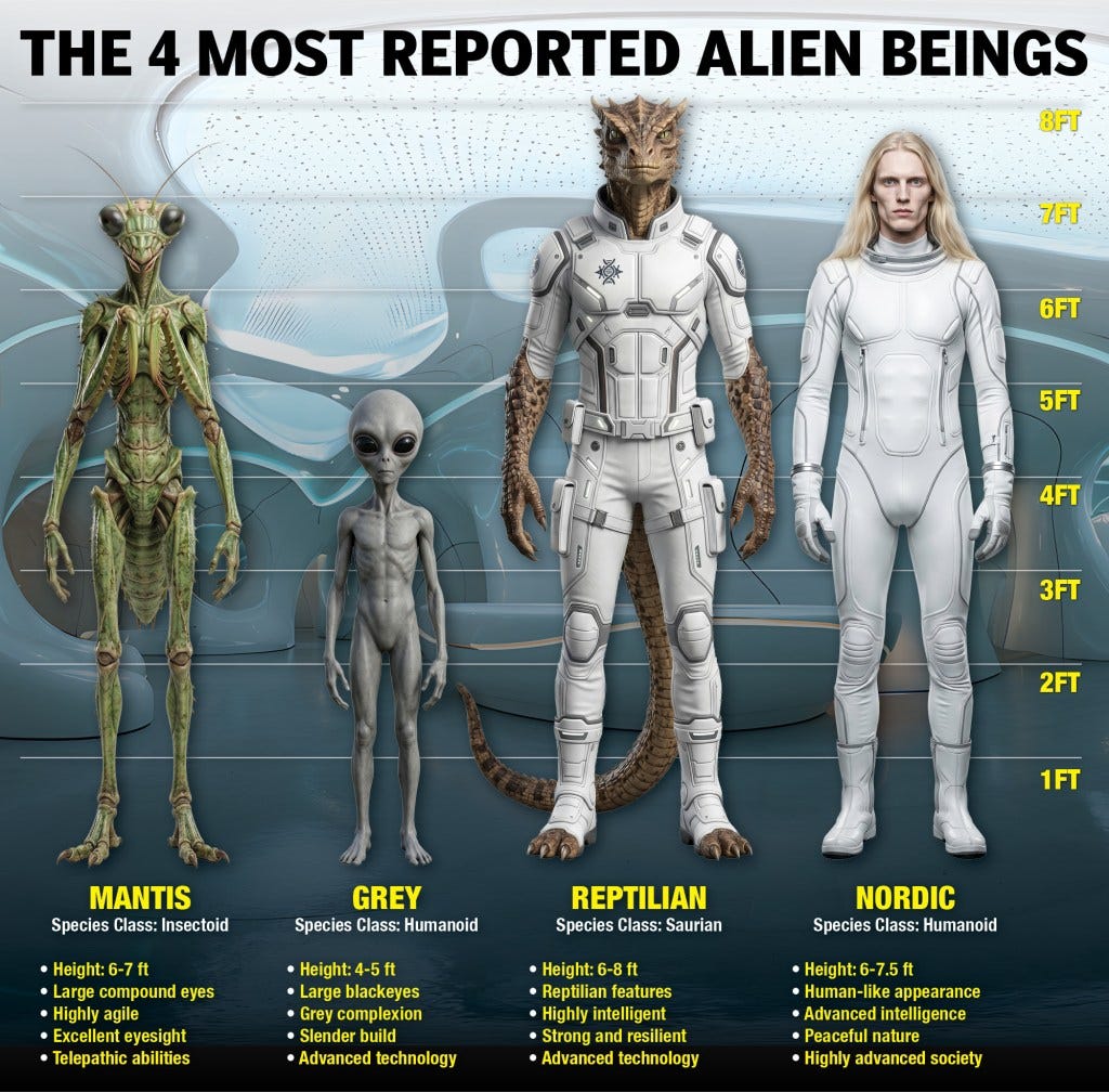 Illustration des quatre êtres extraterrestres les plus fréquemment signalés : les Mantes, les Gris, les Reptiliens et les Nordiques, avec leurs descriptions et une comparaison de leur taille.